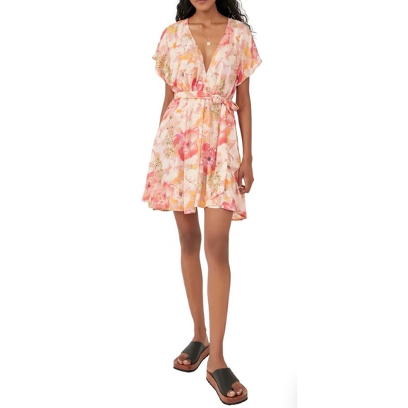 FREE PEOPLE Freddy Tie Waist Mini Dress in Fruit Punch Combo Size XL - Picture 2 of 16